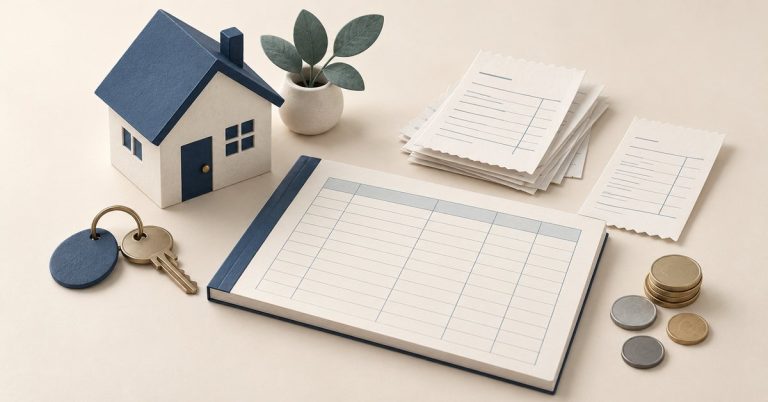 Model rental house with a ledger, receipts and a key.