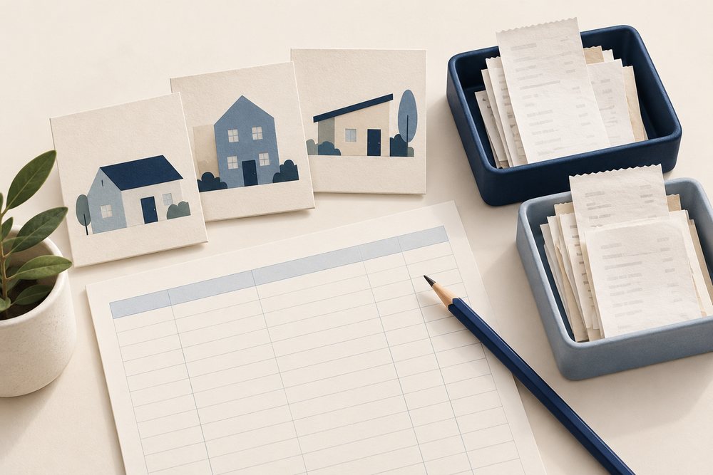 Property cards and receipts organized beside a blank ledger.
